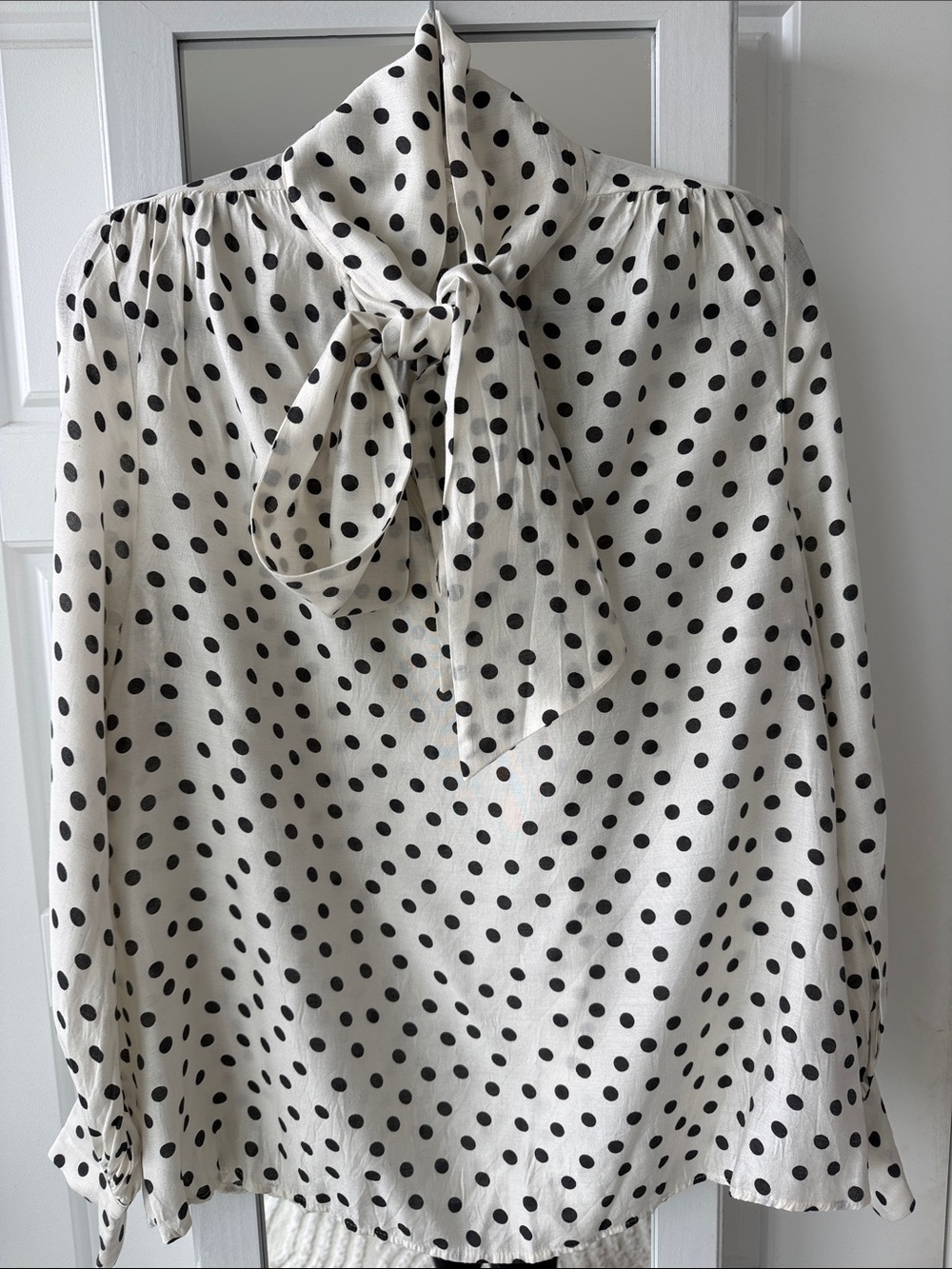 H&M Cream and Black Polka Dot Tie-Neck Blouse